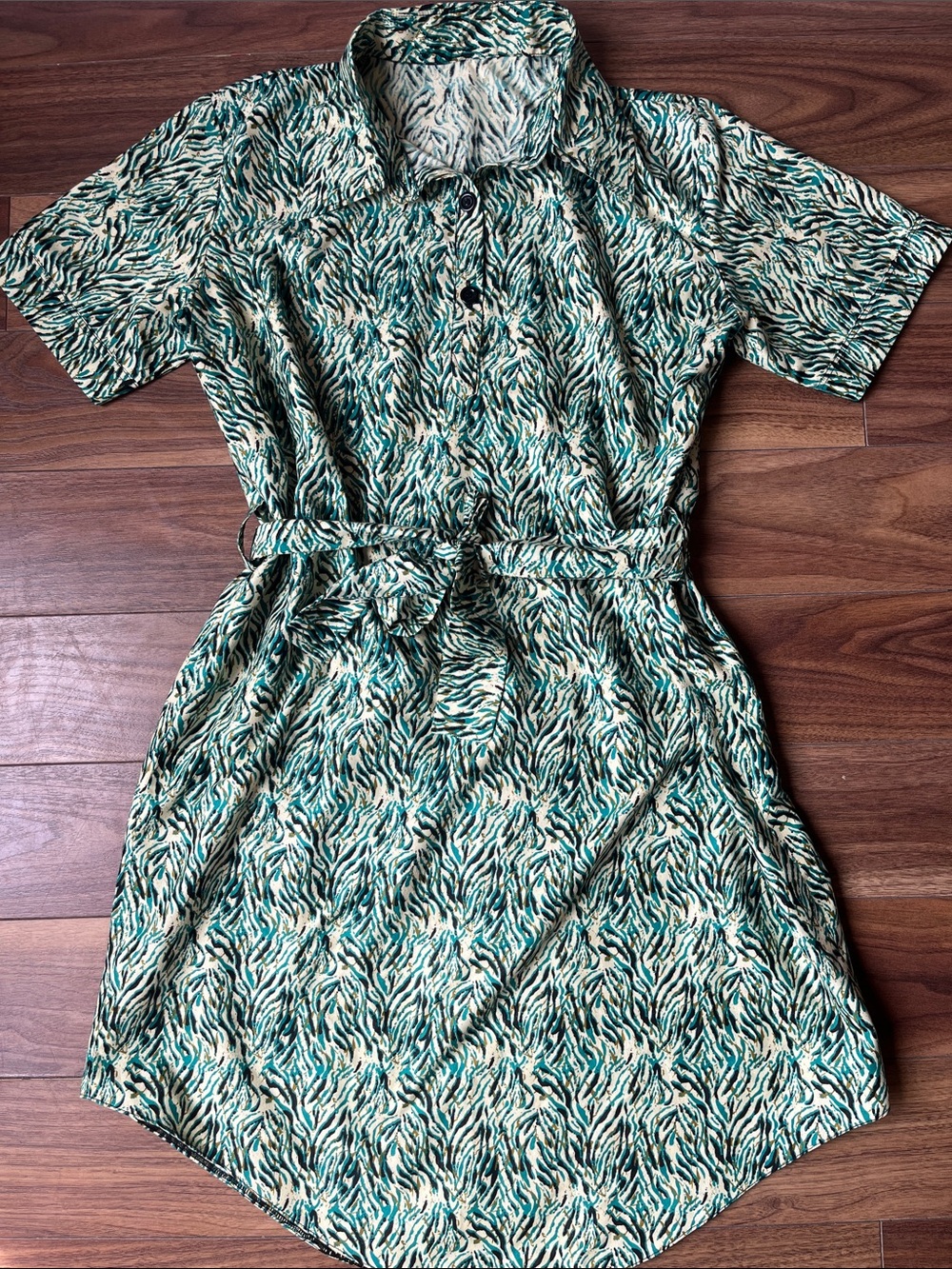 Green Patterned Short Sleeve Shirt Dress - Unbranded with Belt Ribbon Summer M